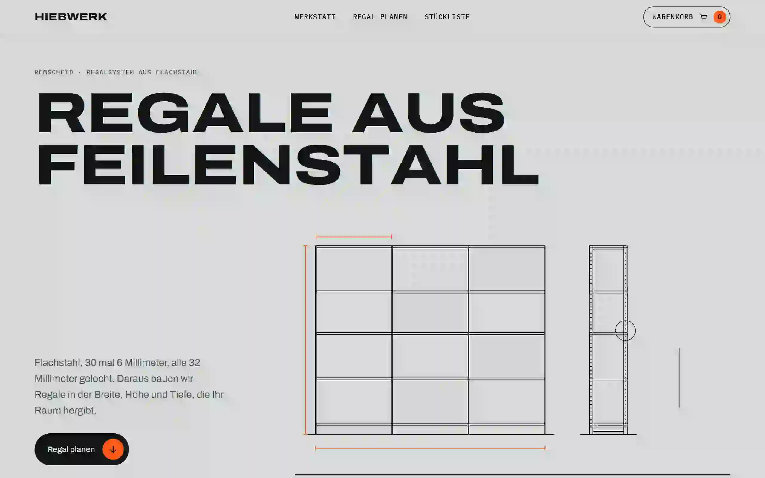 Einstieg der Hiebwerk-Seite mit technischem Blatt und Maßketten