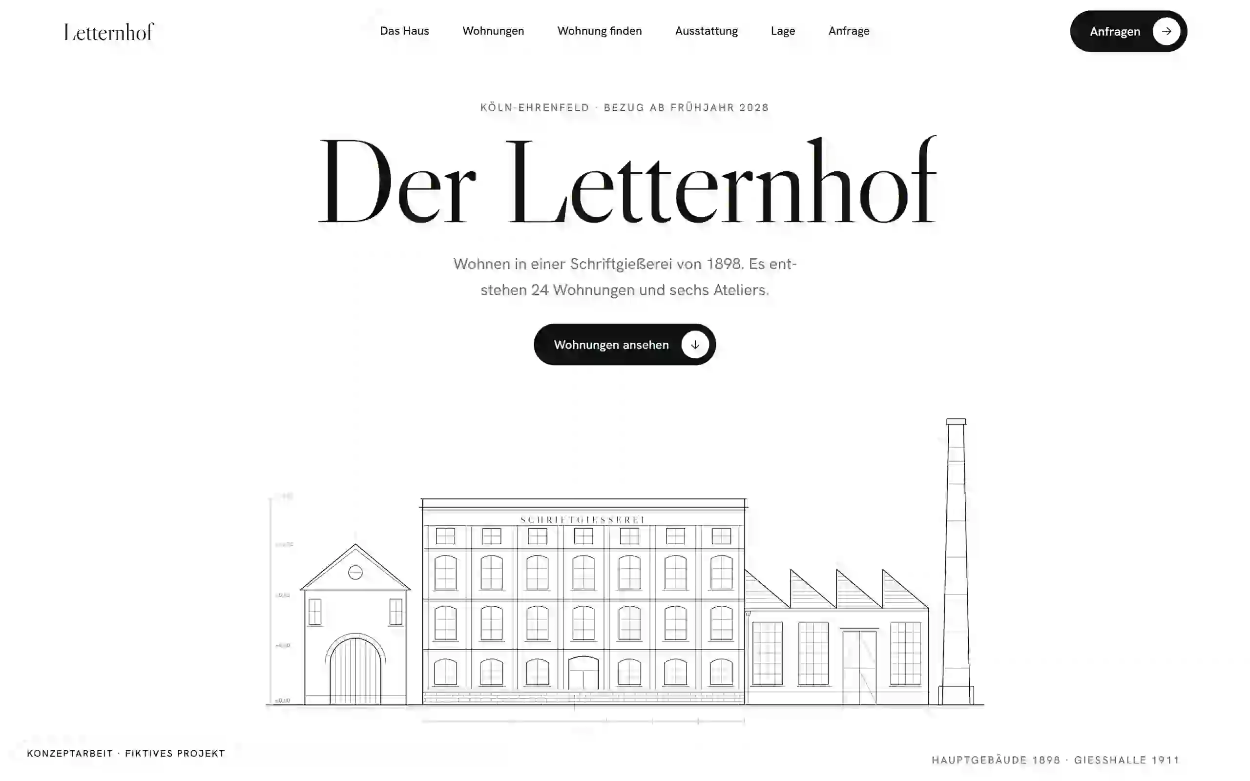 Startseite des Letternhofs mit der gezeichneten Fabrik