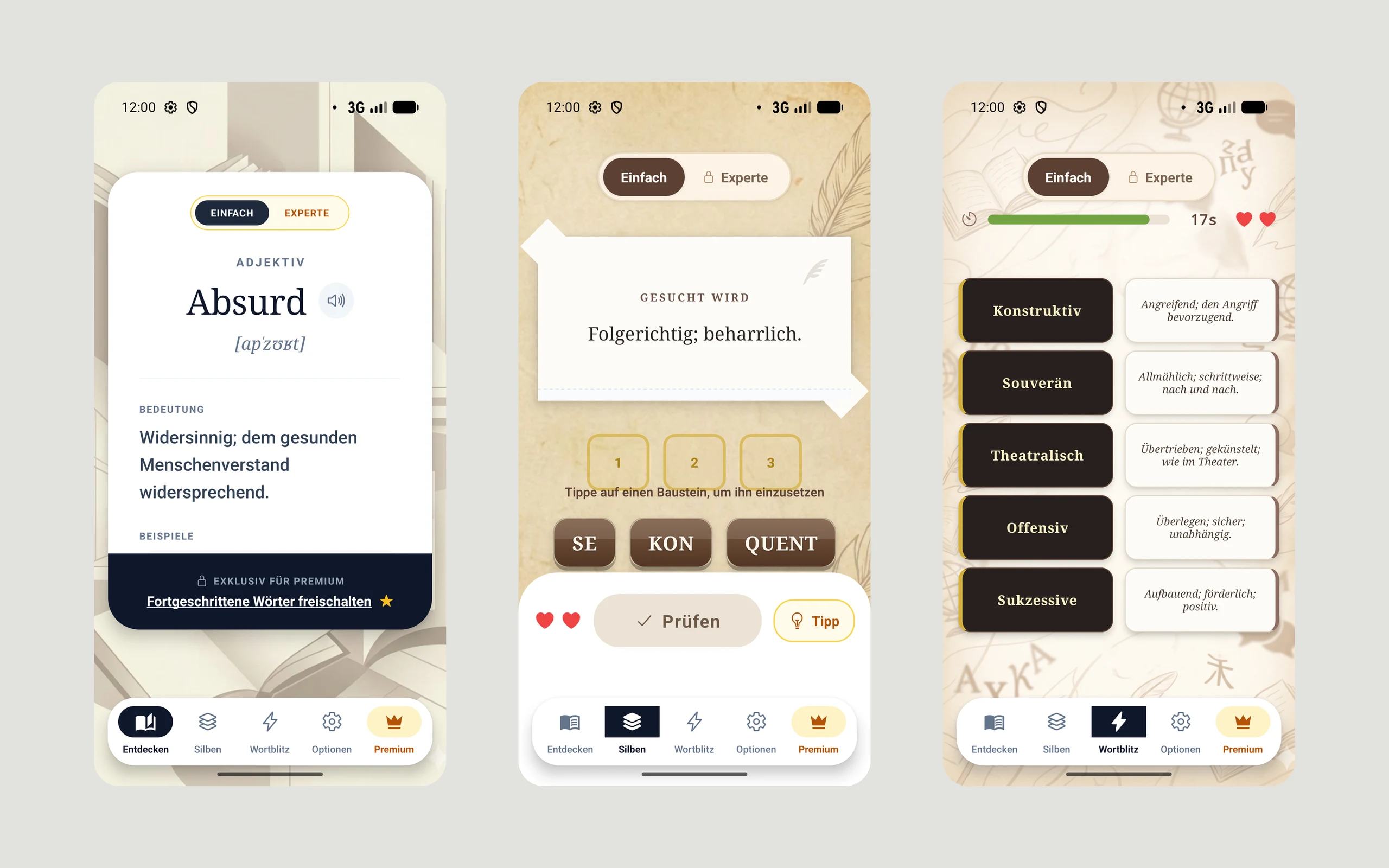 Drei Bildschirme der App: Wortkarte, Silben-Puzzle und Wortblitz