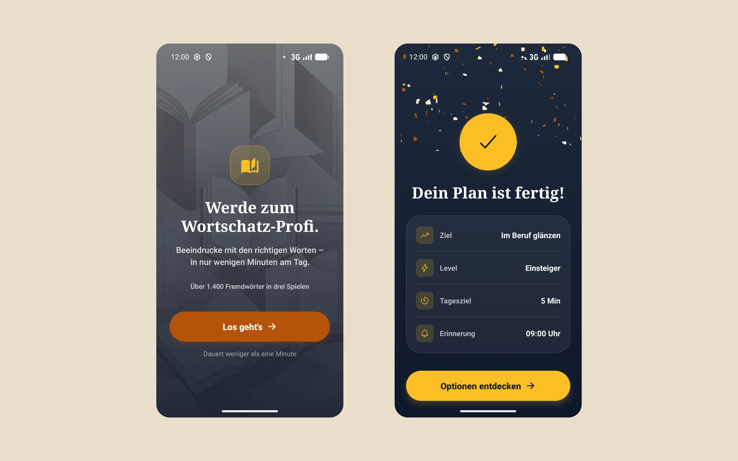 Startbildschirm und Lernplan der App