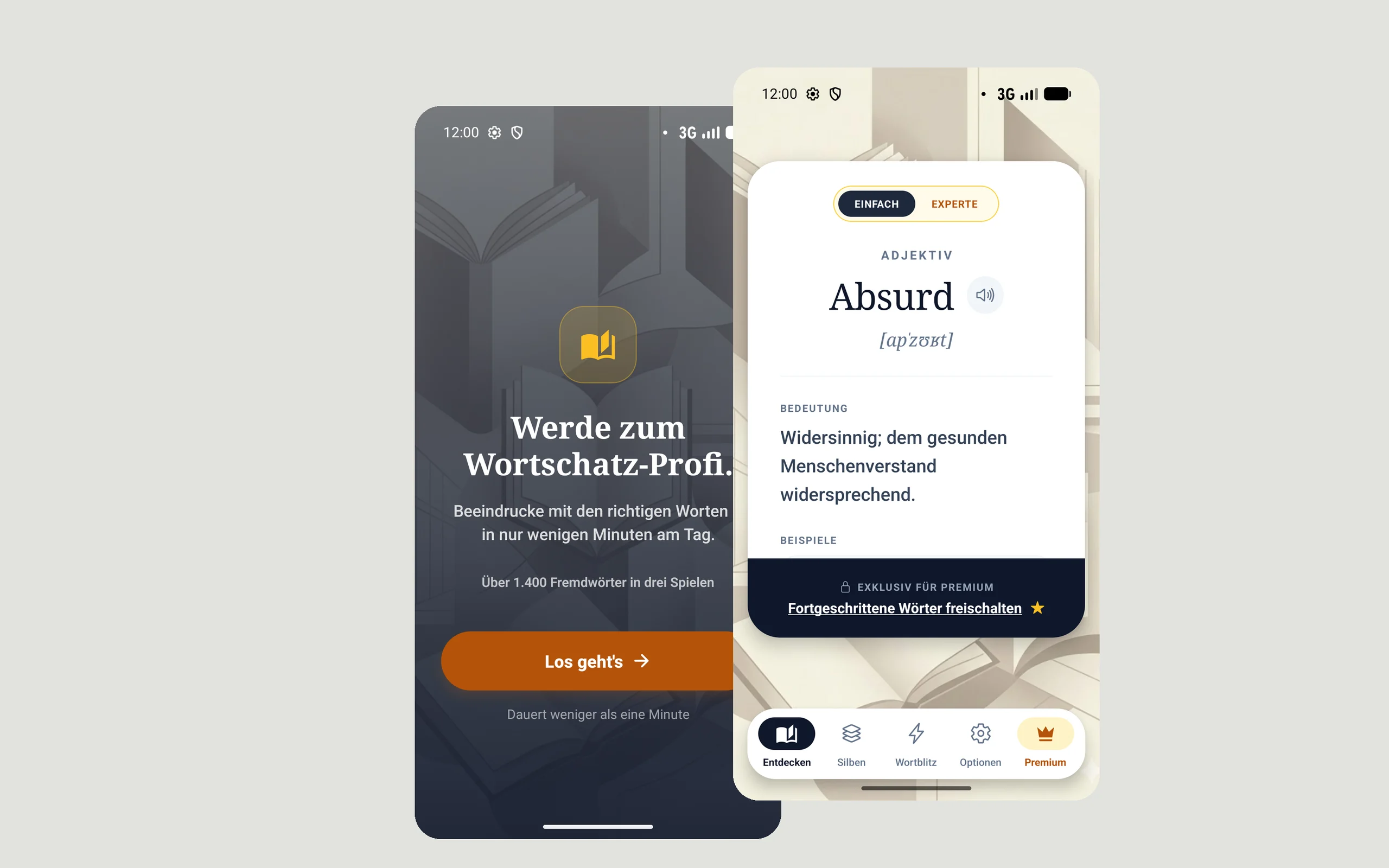 Zwei Bildschirme der App Lexibo